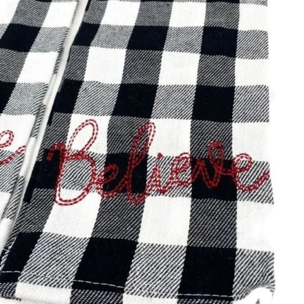 Black and White Buffalo Check Embroidered Holiday Kitchen Towel Set